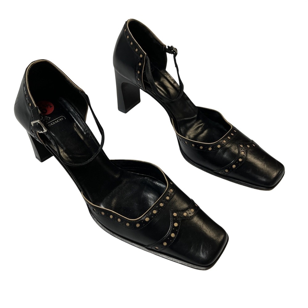Vintage Coach Hillary Square Toe Heel Black Leather Wing Tip Size 6.5 Retro Y2K